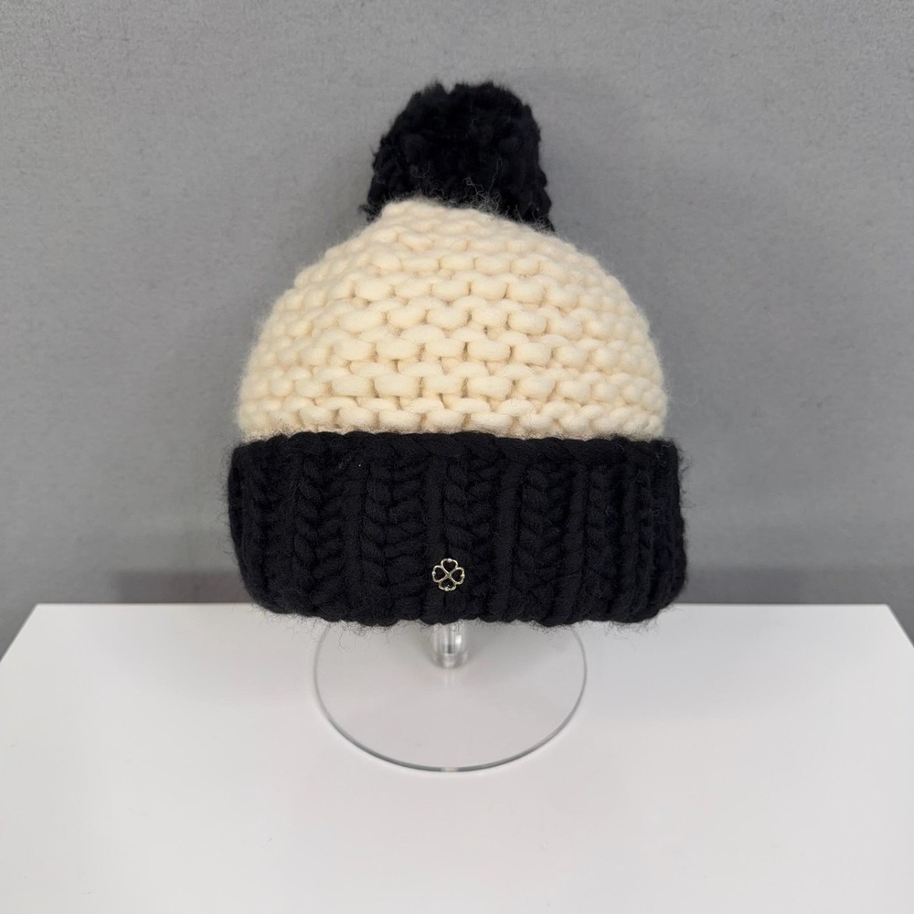 Kate Spade New York Hat Womens One Size White Black Colorblock Pom Knit Beanie